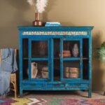 Blue Vintage Wooden Cabinet with Glass Doors, Drawers & Ceramic Tiles - Image 3