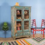 Blue Vintage Wooden Cabinet with Glass Doors & Drawers