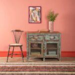 Vintage Slate Blue Wooden Cabinet with Drawers & Glass Doors