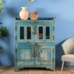 Pale Blue Vintage Wooden Cupboard with Glass & Solid Doors