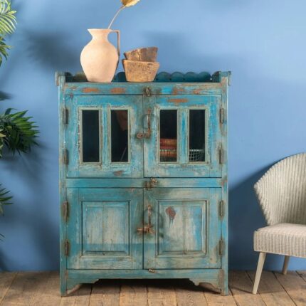 Pale Blue Vintage Wooden Cupboard with Glass & Solid Doors
