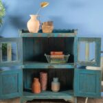 Pale Blue Vintage Wooden Cupboard with Glass & Solid Doors - Image 3