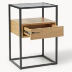Industrial Bedside Table with Glass Top and Floating Wooden Drawer - Image 2