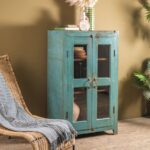 Duck Egg Blue Vintage Wood & Metal Cabinet with Glass Doors