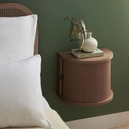 Mid-Century Modern Floating Nightstand with Tambour Door | Curved Wall-Mounted Bedside Table