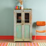 Turquoise, Green & Lilac Vintage Wooden Cupboard with Glass Doors