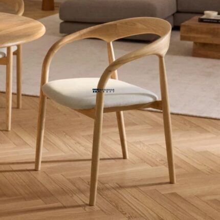 Solid Wood Arm Dining Chair with Upholstered Seat (Natural Finish)