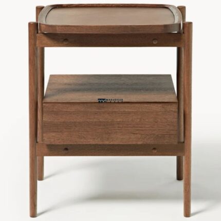 Marudhar Craft Mid-Century Modern Solid Wood Bedside Table with Single Drawer