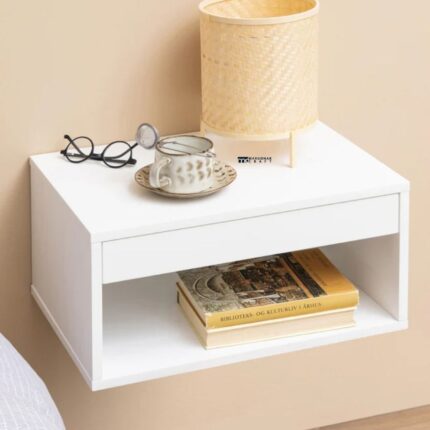 Modern Floating Nightstand – Wall-Mounted Bedside Table with Storage Drawer and Open Shelf (White Finish)