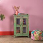 Vintage Green & Lilac Wooden Display Cabinet with Glass Doors