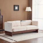 Wooden Base Fabric 3-Seater Sofa (Cream)