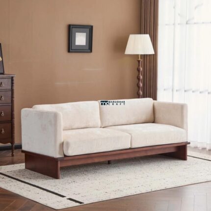 Wooden Base Fabric 3-Seater Sofa (Cream)