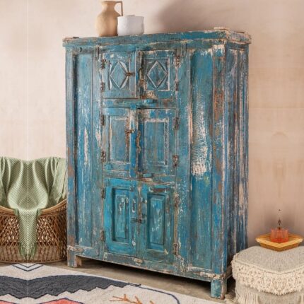 Vintage Blue Wooden Almirah – Six Door Storage Cabinet
