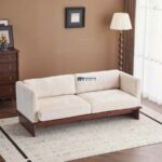 Wooden Base Fabric 3-Seater Sofa (Cream) - Image 3