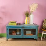 Blue Vintage Low Wooden Cabinet with Glass Doors