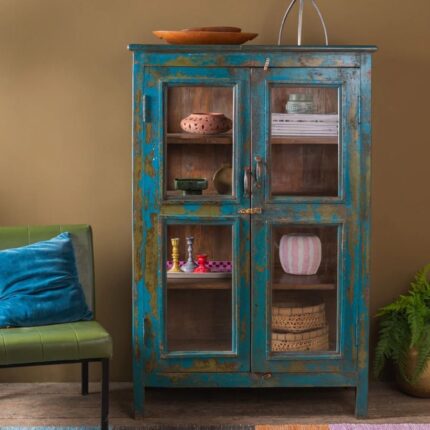 Blue Vintage Wooden Display Cabinet with Glass Doors