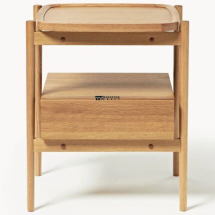 Marudhar Craft Scandi-Style Solid Wood Bedside Table with Tray Top & Floating Drawer