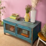 Blue Vintage Low Wooden Cabinet with Glass Doors - Image 3
