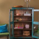 Blue Vintage Wooden Display Cabinet with Glass Doors - Image 3