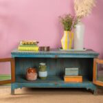 Blue Vintage Low Wooden Cabinet with Glass Doors - Image 4