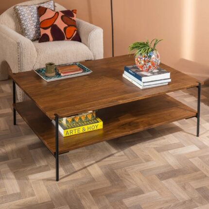 Conrad Acacia Wood Coffee Table with Umber Finish and Black Metal Frame