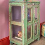 Vintage Green & Lilac Wooden Display Cabinet with Glass Doors - Image 3