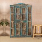Vintage Blue Jali Wooden Almirah with Metal Mesh Panels