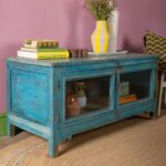Blue Vintage Low Wooden Cabinet with Glass Doors - Image 6