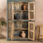 Vintage Blue Jali Wooden Almirah with Metal Mesh Panels - Image 6