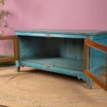 Blue Vintage Low Wooden Cabinet with Glass Doors - Image 2