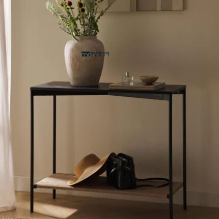 Metal Console Table with Wooden Shelf (Matte Black Finish)