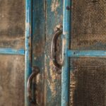 Vintage Blue Jali Wooden Almirah with Metal Mesh Panels - Image 2