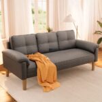 Button-Tufted Fabric 3-Seater Sofa (Charcoal Grey)