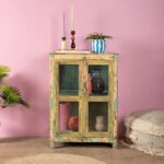 Vintage Pale Yellow Wooden Display Cabinet with Glass Doors