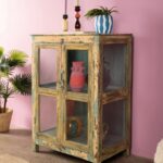 Vintage Pale Yellow Wooden Display Cabinet with Glass Doors - Image 3