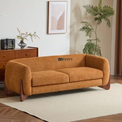 Luxury Curved Arm Fabric 3-Seater Sofa (Rust Brown)