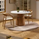 Round Marble Top Dining Table with Fluted Wooden Base