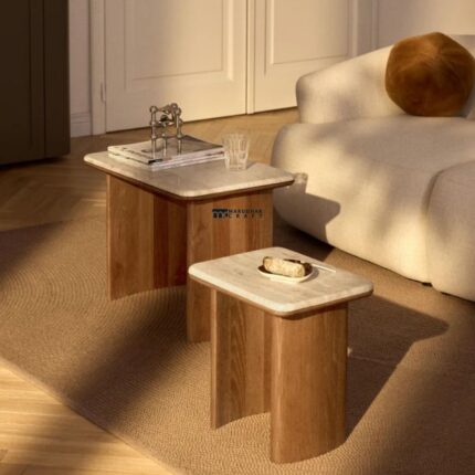 Modern Solid Wood Nesting Side Tables with Marble Top (Set of 2)