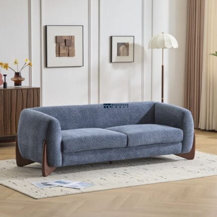 Luxury Curved Arm Fabric 3-Seater Sofa (Blue)