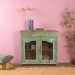 Vintage Green Wooden Cabinet with Floral Ceramic Tiles & Glass Doors