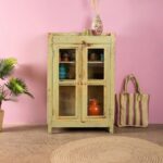 Pale Green Vintage Wooden Cabinet with Glass Doors