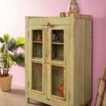 Pale Green Vintage Wooden Cabinet with Glass Doors - Image 3