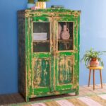 Vintage Green Wooden Glazed Display Cabinet