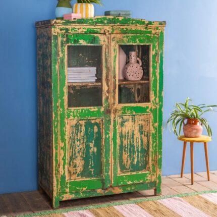 Vintage Green Wooden Glazed Display Cabinet
