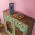 Vintage Green Wooden Cabinet with Floral Ceramic Tiles & Glass Doors - Image 4
