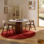 Round Marble Dining Table with Fluted Wooden Pedestal Base