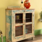 Vintage Blue & Cream Wooden Cabinet with Glass Doors - Image 3