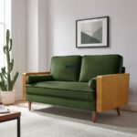 Mid-Century Wooden Arm Fabric 2-Seater Sofa (Forest Green)