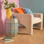 Hand Painted Sky Blue Wooden Side Table with Floral Design