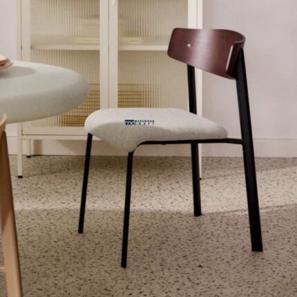 Wooden Back Dining Chair with Upholstered Seat & Metal Legs (Walnut Finish)